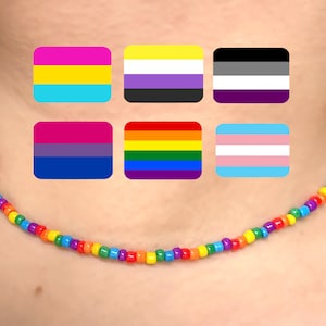 May include: A rainbow beaded choker necklace with different pride flag designs on the background. The flags include the transgender, bisexual, pansexual, lesbian, gay, and asexual pride flags.