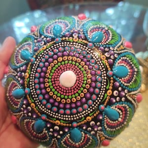 Caribbean mandala stone. Brilliant colors are hand painted on a 5&quot;x 3&quot; molded stone. Home accessories, hostess gift, collector piece .
