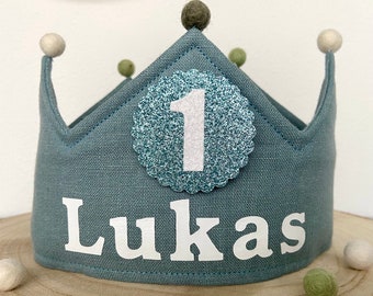 Birthday crown Birthday crown numbers 1-10 gold glitter green grass green linen natural buttons pom*ready to ship* boy name personalized