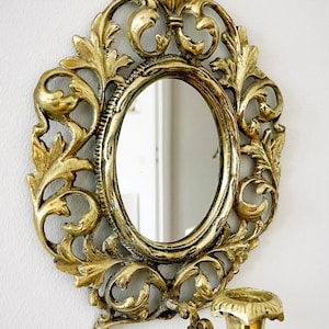Vintage brass mirror candle sconce-ornate wall mirror girandole.