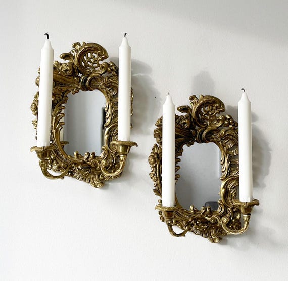 Rococo Style Brass Sconces with Mirror - Sweden 1940s Pair