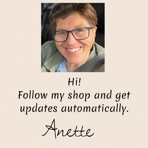 May include: A woman with short brown hair and glasses smiles at the camera. The text "Hi! Follow my shop and get updates automatically. Annette" is written below the image.