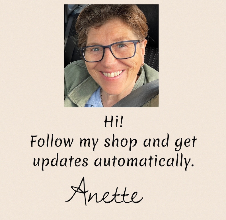 May include: A woman with short brown hair and glasses smiles at the camera. The text "Hi! Follow my shop and get updates automatically. Annette" is written below the image.
