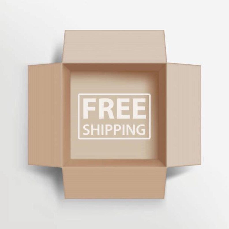 May include: An open cardboard box with the words "FREE SHIPPING" printed inside.