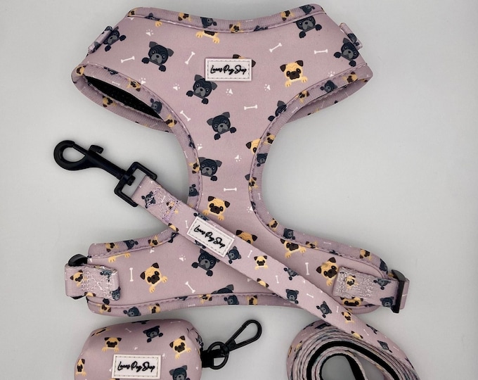 Cute Pug Face Adjustable Dog Harness for Dogs and Pups - Pug Lovers - IT'S A PUG'S LIFE - Pink