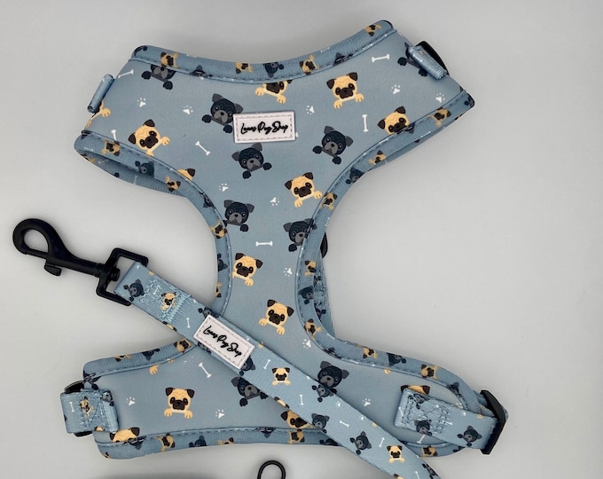 Cute Pug Face Adjustable Dog Harness for Dogs and Pups - Pug Lovers - IT'S A PUG'S LIFE - Blue