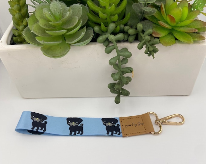 Blue Pug Keychain Wristlet | Pug Gifts | Pug Accessories | Pug Key Fob | Pug Lover Gifts | Pug Lanyard for Keys | Pug Keyring