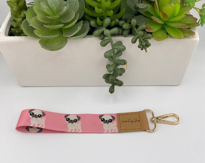 Pink Pug Keychain Wristlet | Pug Gifts | Pug Accessories | Pug Key Fob | Pug Lover Gifts | Pug Lanyard for Keys | Pug Keyring