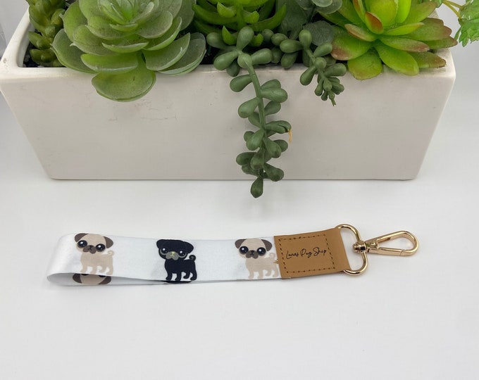 White Pug Keychain Wristlet | Pug Gifts | Pug Accessories | Pug Key Fob | Pug Lover Gifts | Pug Lanyard for Keys | Pug Keyring