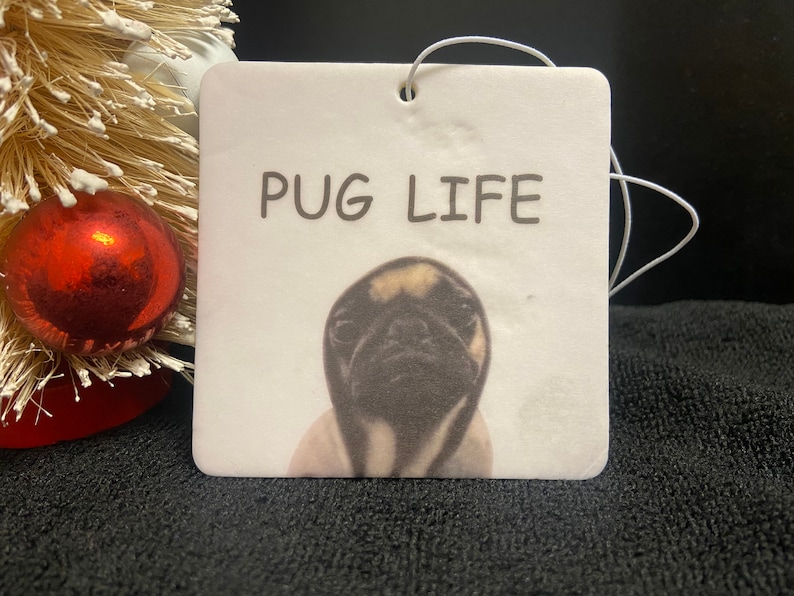 Pu&ograve; includere: Profumatore per auto bianco con l'immagine di un carlino nero e marrone e la scritta "PUG LIFE" stampata su di esso.