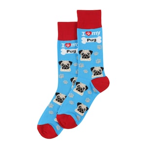 Calcetines azules con la frase &quot;I Love My Pug&quot; (Amo a mi carlino): divertidos, de alta calidad, para todas las estaciones, talla única, para mujeres y hombres. Regalos para carlinos
