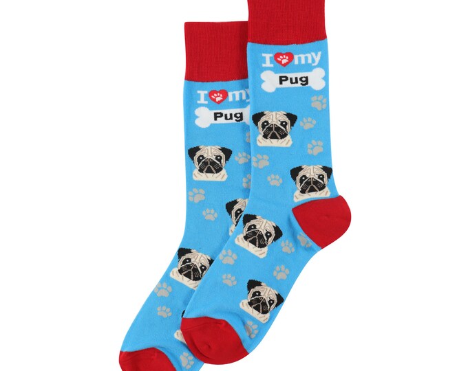 I Love My Pug Socks Blue - Fun High Quality - All Season - One Size Fits Most - for Women and Men – Pug Gifts