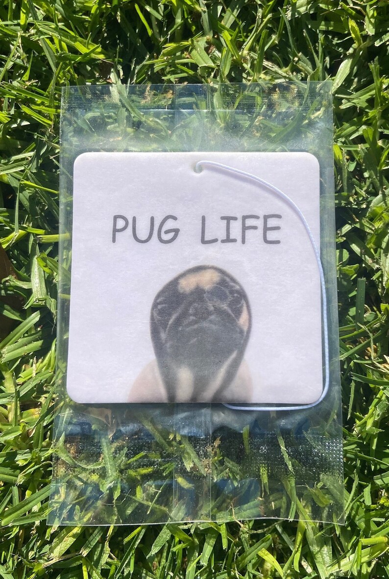 Pu&ograve; includere: Profumatore per auto bianco con un'immagine di un carlino in bianco e nero e la scritta "PUG LIFE" stampata su di esso.