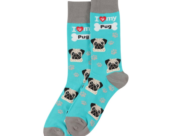 I Love My Pug Socks Turquoise  - Fun High Quality - All Season - One Size Fits Most - for Women and Men – Pug Gifts