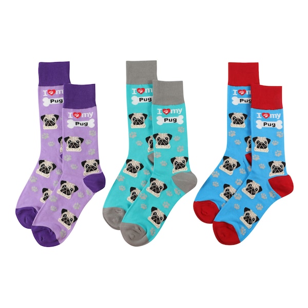 I Love My Pug Socks (3 pairs) - Fun High Quality - All Season - One Size Fits Most - for Women and Men – Pug Gifts
