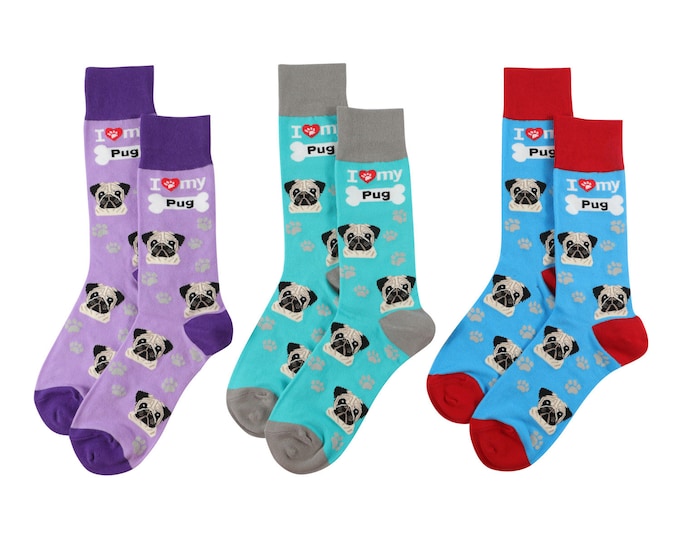 I Love My Pug Socks (3 pairs) - Fun High Quality - All Season - One Size Fits Most - for Women and Men – Pug Gifts