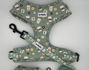 Cute Coffee and Donut Pattern Adjustable Dog Harness for Dogs and Pups-Coffee Lover Harness - Iced Coffee Pet Harness - StarPugs Coffee