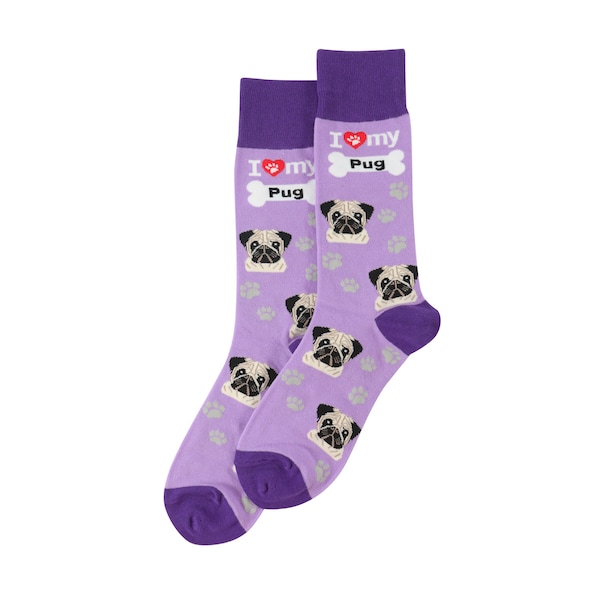 I Love My Pug Socks Purple - Fun High Quality - All Season - One Size Fits Most - for Women and Men – Pug Gifts