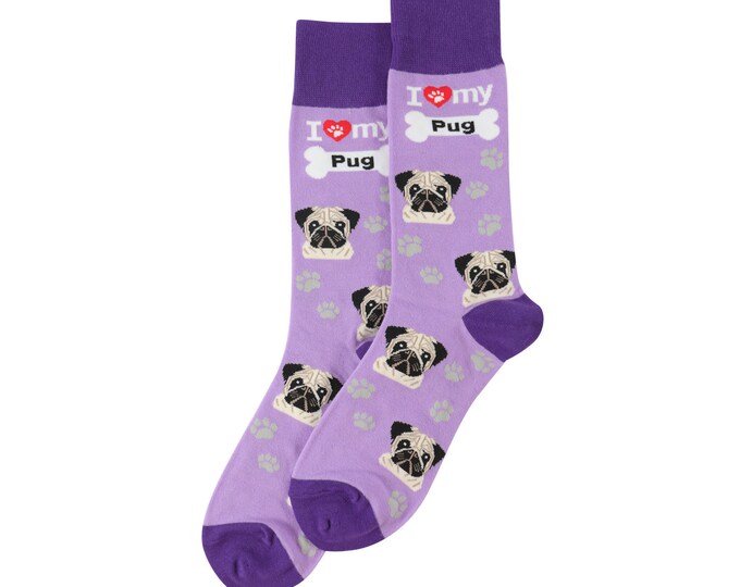 I Love My Pug Socks Purple - Fun High Quality - All Season - One Size Fits Most - for Women and Men – Pug Gifts
