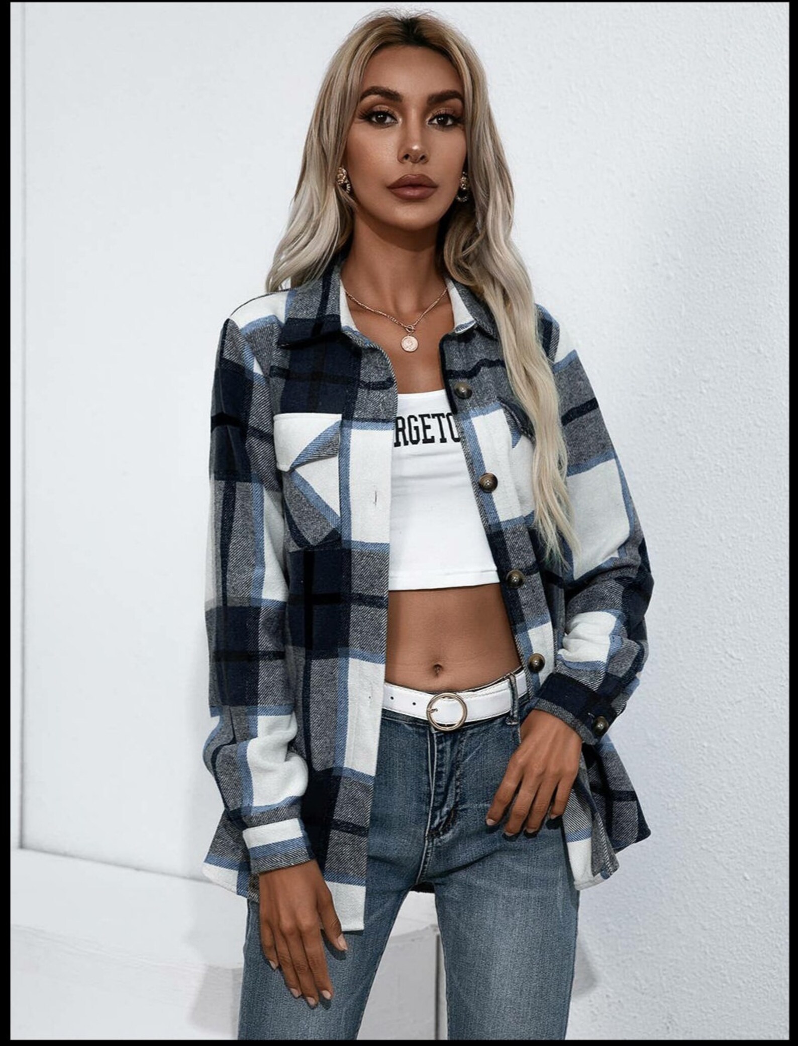 Plaid Pocketed Button Down Shacket main image 1
