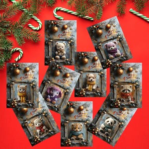 Set de 16 tarjetas navideñas con animales de peluche para felicitaciones y fiestas infantiles.