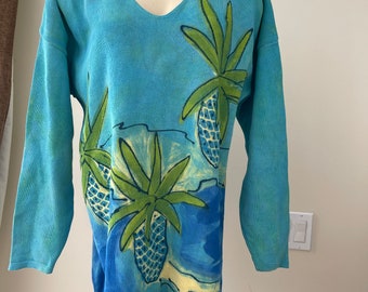 Hand Painted Cotton Sweater XL ( one of a kind) Palm Trees