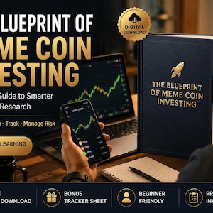 May include: A digital download product titled The Blueprint of Meme Coin Investing, featuring a dark blue hardcover book with gold text and a rocket icon, a smartphone displaying stock charts, and a laptop showing financial data on a desk.