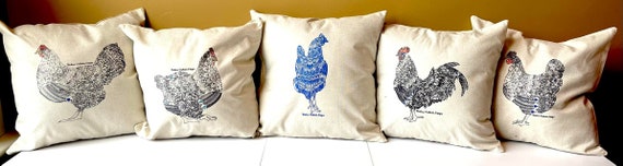 The Blue Hen Collection, here a cluck there a cluck farm pillows with chicken and rooster motif throw linen blend pillows 16 x 16 cover only