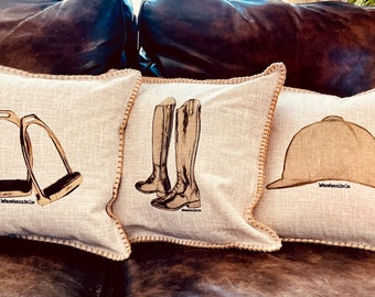 The Vintage Hunt Seat Equestrian themedSaddle,Irons,Helmet,Boots,Snaffle Bit18x18 English themed in beige linen with a whipstitched edge