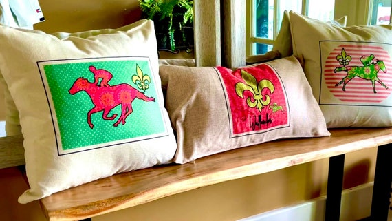 Triple Crown Winner Pillows, Fleur dis Leis, Race Horses and jockeys all complete for horse racing enthusiasts, cover only, beige linen.