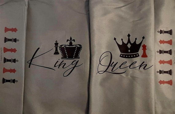 King and Queen Custom Pillow Cases with embellished edging of chess players, can be customized with names, perfect wedding, anniversary gift