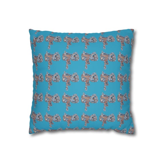 Cowboy Western Pleasure Saddle Faux Suede Pillowcase, Teal Square Pillow Cover, Rodeo Home Decor, Southwestern Cushion Case, Gift for Horse