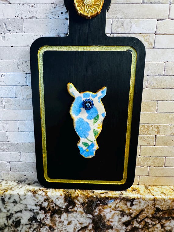 Equestrian designed home decor with horse head on a cutting board detailed in gold trim.  Hand Crafted in KY and a one of a kind art piece.