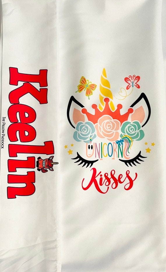 Unicorn Kisses Custom Pillow Case with embellished edging of child’s name on moisture wicking super soft  microfiber