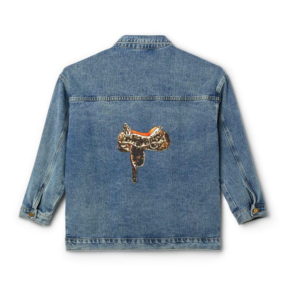 Leopard Saddle graphic Denim Jacket | Western cowgirl back artwork