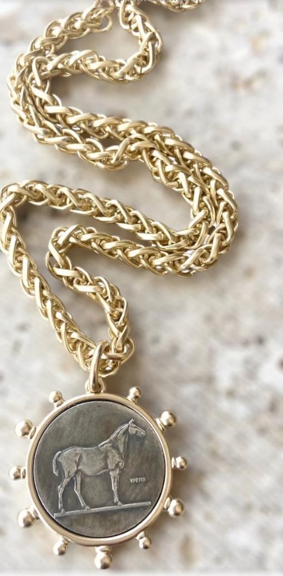 Matte gold horse French Bee coin necklace boutique