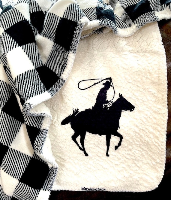 Black and white Buffalo checkered horse lovers throw blanket in velour and fleece for all equestrians. Custom 50 x 60 western,English,ranch.