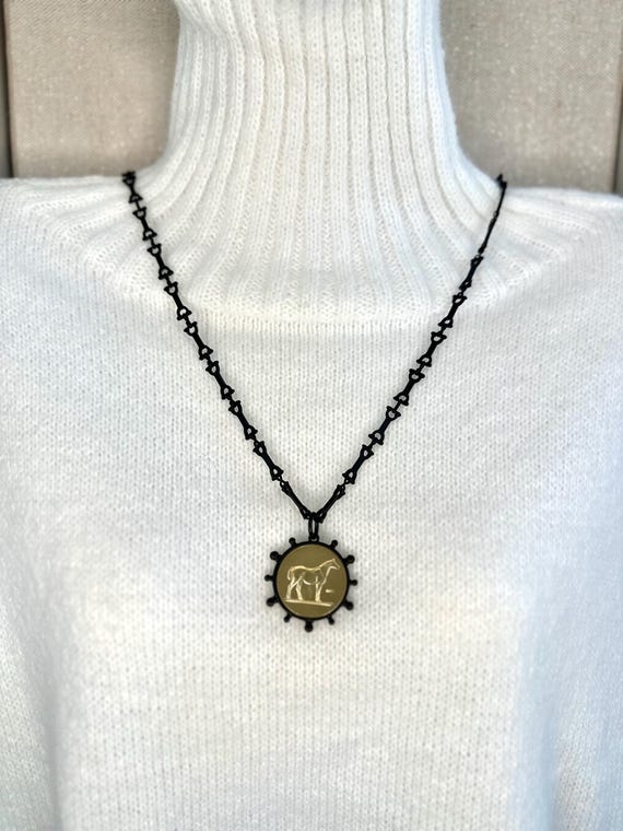 Black & Gold Horse Intaglio Necklace – 24” Equestrian Horse Bit Chain.  Stunningly beautiful.