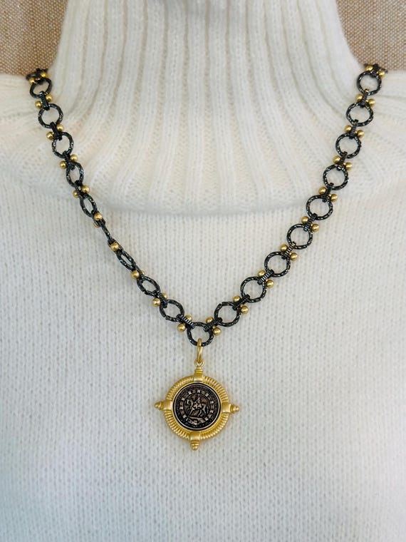 Two-Sided Equestrian Medallion Necklace – 24” Chain – Gold & Dark Metal –