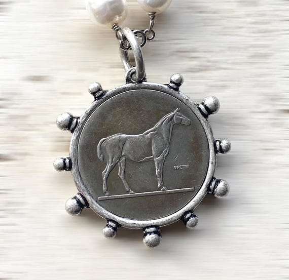Freshwater Pearl Horse Coin Necklace, Equestrian Statement Jewelry, Antique Silver Pendant
