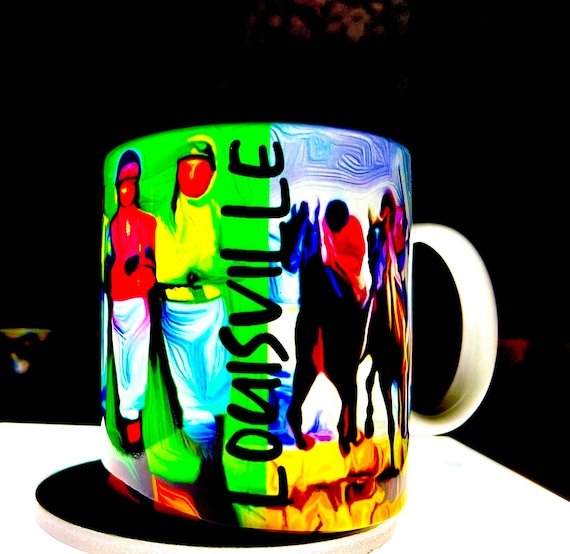 Kentucky Derby, Horse Racing, Louisville, Ky themed coffee cups with jockeys, horses, in vibrant art. Pink/Silver Glitter or White 11/15 oz.