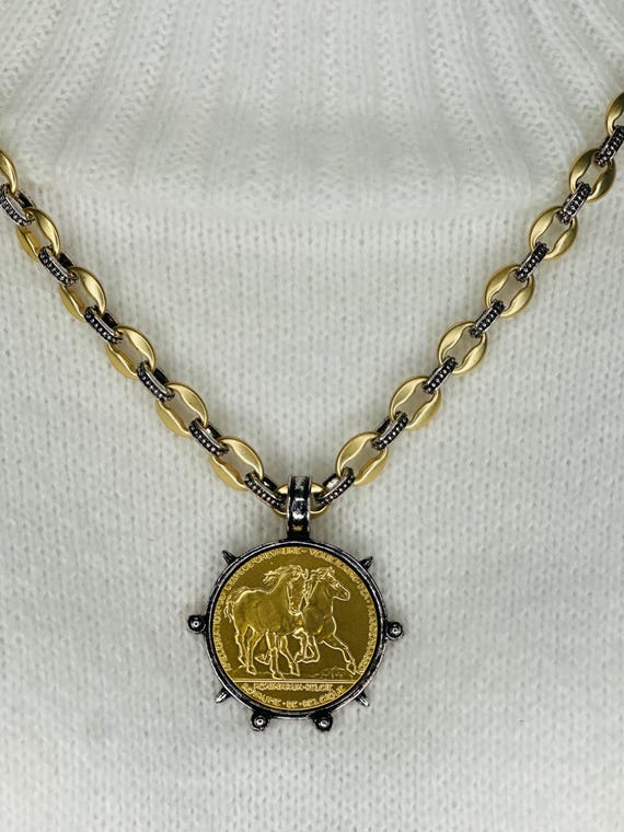 Equestrian Horse Coin Necklace, Gold Horse Medallion, 24 Inch Statement Necklace, Equestrian Jewelry Gift