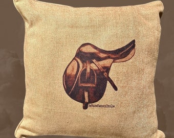 Pair of Super soft lush earth tones with Equestrian  English Saddle and helmet pair.  A dark Vintage motif on a 20 x 20 accent pillow.