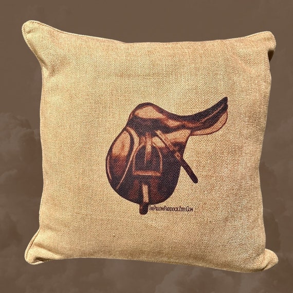 Pair of Super soft lush earth tones with Equestrian  English Saddle and helmet pair.  A dark Vintage motif on a 20 x 20 accent pillow.