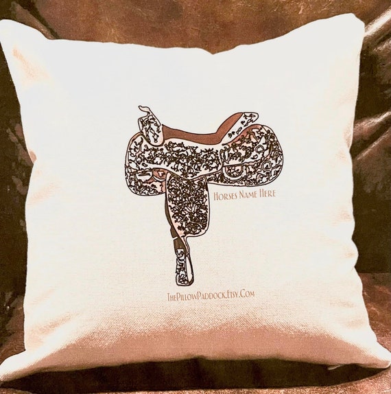 Western Pleasure Saddle throw accent Pillow that can be customized with horses name! 16 x 16 poly linen cover only but can include filling