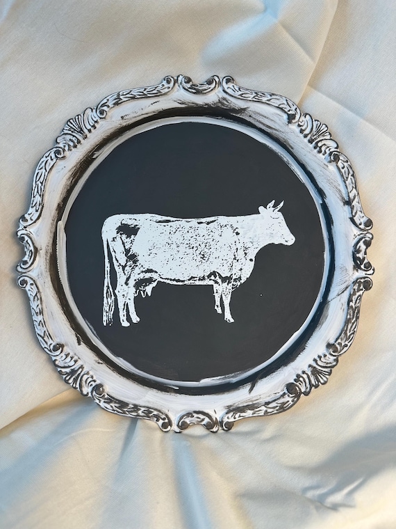 Meticulously crafted silver tray now showcases a breathtaking French country farm design in 2-tone gray and white cow motif. Upstyled!