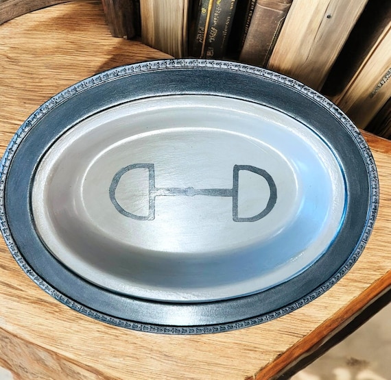 Meticulously crafted silver tray now showcases a breathtaking equestrian design in 2-tone gray with snaffle bit motif. Upstyled