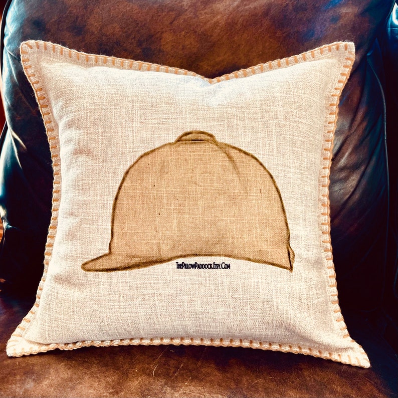 Cover Only The Vintage Hunt Seat Equestrian themed18x18 English themed in beige linen with a whipstitched edge, pick 3 for discounts Helmet