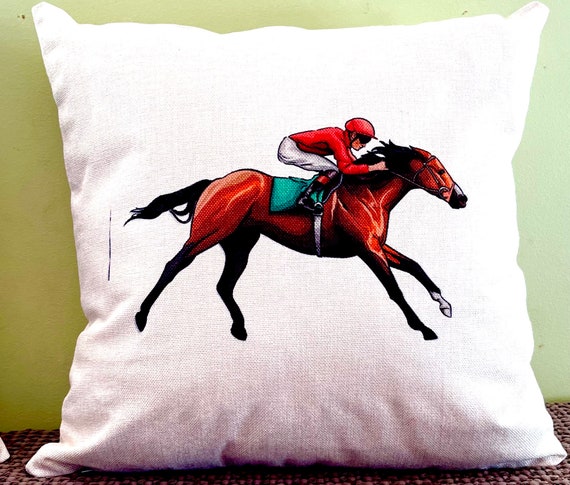 And Their Off!!!Kentucky Derby and horse racing throw pillow of Race Horse and Jockey down the stretch.  woven texture, machine wash 18 x 18