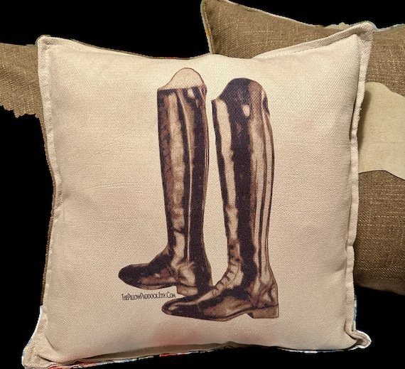 The Rein Collection, equine themed velour  pillow cover in warm beige with Saddle,Boots & Helmet 16 x 16